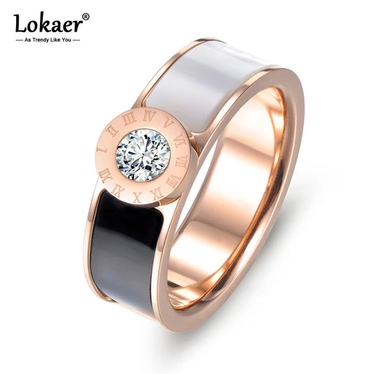 Lokaer Classic Stainless Steel Fine Brand Jewelry Acrylic & Shell Roman Alphabet Rings Bridal Wedding Engagement Ring R17033