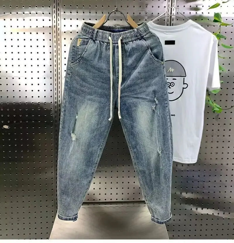 New Arrival Korean Casual Drawstring Denim Harem Pants Men's Jeans Spring Autumn Fashion Hip Hop  Loose Hole Baggy Washed Jeans