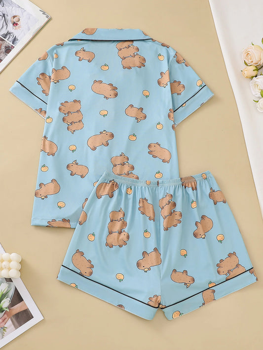 Blue background cute capybara cardigan women's pajamas set short sleeved top and loose pants comfortable women's pajamas