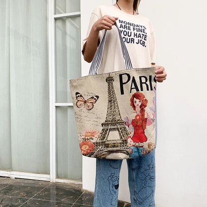 Summer Women's Canvas Cartoon Graffiti Printing Handbag Large Capacity Shoulder Beach Bag Fashion Folding Ladies Casual Tote Bag