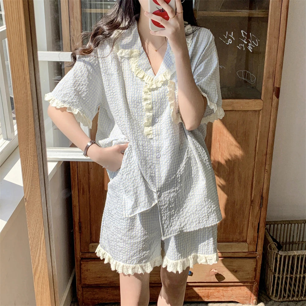 Women's Pajamas New Summer Short Sleeve Soft Sleepwear Set Grid Cartoon Printed Pyjama Woman Home Nightwear Set Cardigan