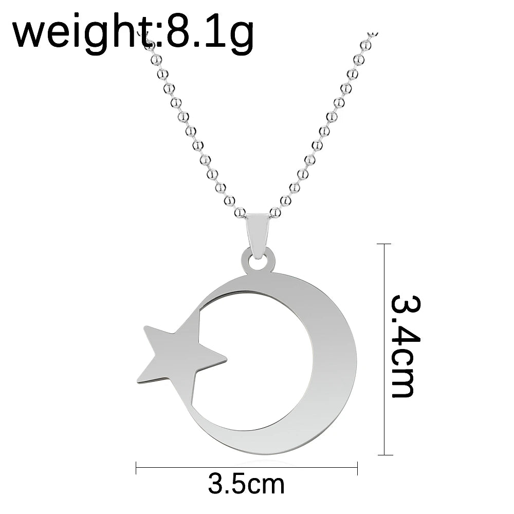 Stainless Steel Crescent Moon Star Necklace for Men Women Spiritual Islamic Muslim Amulet Pendant Turkish Religious Jewelry