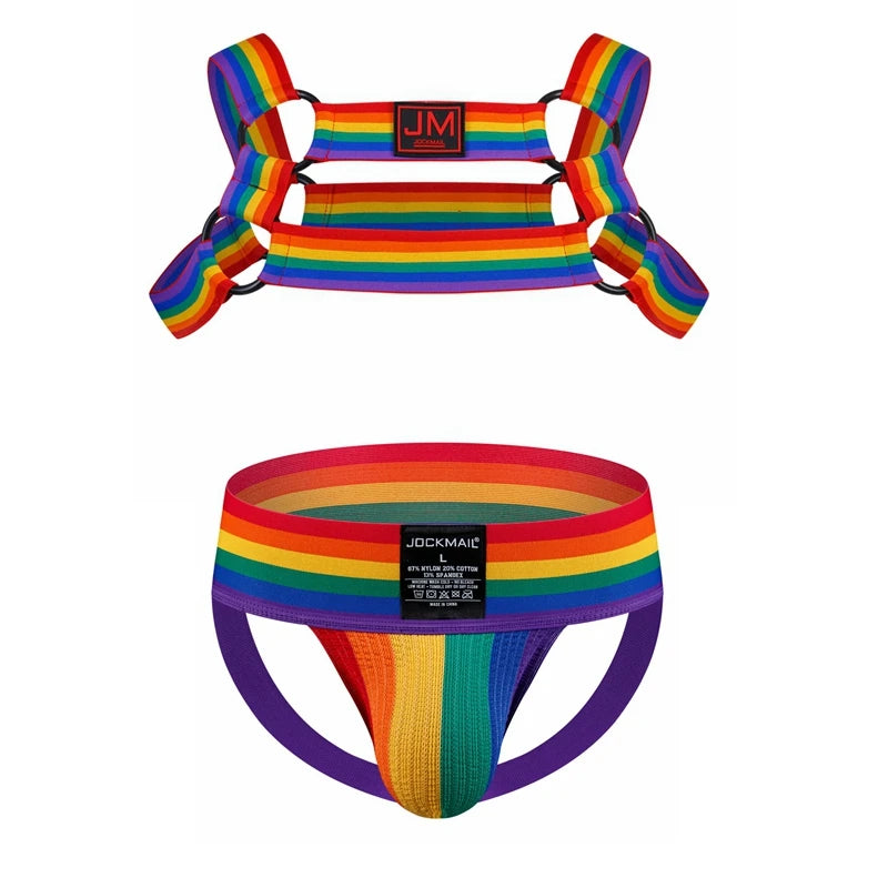 Sexy Mens Harness Underwear Sets Gay Underwear Lingerie Bondage Belts Fetish Mens Jockstrap Thong Rainbow Pattern