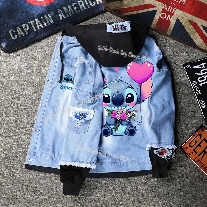 Lilo&stitch Hip Hop Men's Hooded Jean Jackets Women Outerwear Autumn Winter Coat Men Patchwork Denim Jacket Streetwear Clothes