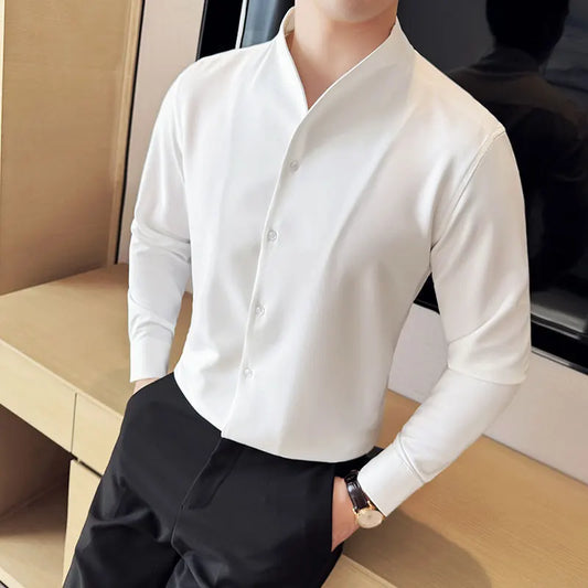 Brand Clothing Men's High Quality V-neck Long Sleeve Shirts Male Slim Fit Fashion Solid Color Office Dress Shirt 4XL-M