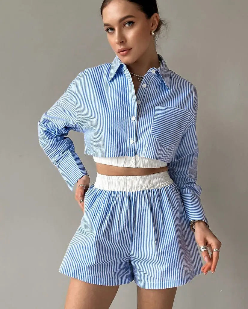 2 Pieces Set Sexy 2024 Summer Autumn Fashion Women Set Female Tops Stripe Long Sleeve Shirt Tops And Shorts Suit Matching Outfit