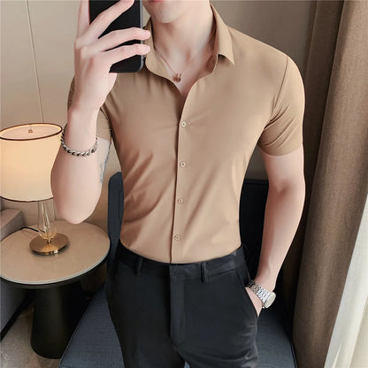 6colors High Quality New Solid High Elasticity Seamless Short Sleeve Shirts Men Slim Social Casual Business Formal Dress Shirt