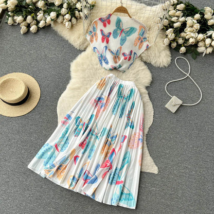 New Summer Runway Pleats Floral Print Two Piece Set Women Half High Collar Stretch Top+Elastic Waist Long Pleated Skirt Outfits