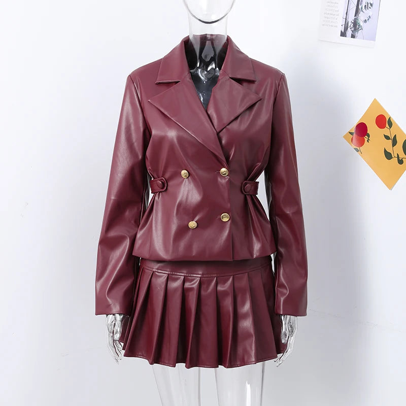 PU Leather Coat Pleated Mini Skirt Sets Women Lapel Double Breasted Long Sleeve Coats High Waist Skirts Set 2024 Lady Suits