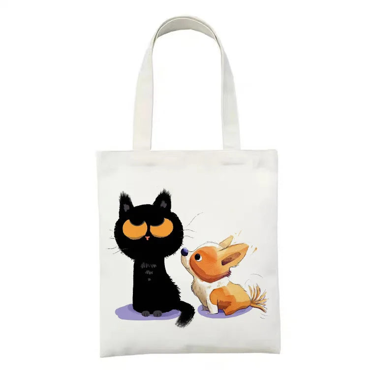 Cute Tote Bag Animals Black Cat Print Canvas Bag Eco Shopping Bag Daily Use Foldable Handbag Large Capacity Canvas Tote Women