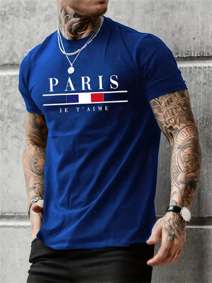 Men's 100% pure cotton summer loose size PARIS letter pattern print casual comfortable round neck short sleeved T-shirt top