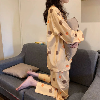 2PCS/Set Women's Clothes Spring and Fall Pajamas Long-Sleeved Cartoon Cute Sweet Floral Young Girl Homewear Outside Loungewear