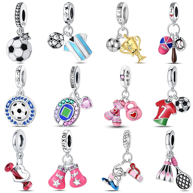 Passionate 925 Silver Dumbbell Badminton Soccer Sport Charms Beads Fit Pandach 925 Original Bracelet DIY Jewelry Graduation Gift