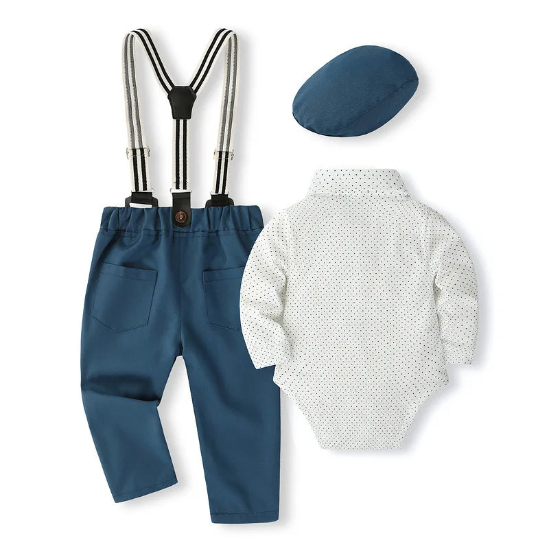 Spring Newborn Boy Clothes Korean Fashion Dot Gentleman Infant Bodysuit Jumpsuits+Pants+Tie+Hat+Straps Baby Clothing Sets BC049