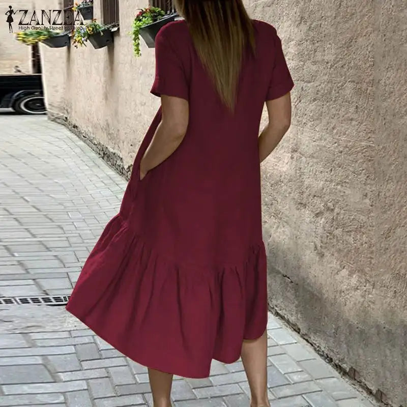 ZANZEA Women Cotton Dresses 2024 Summer Elegant Mid-calf Vestidos Casual Solid Color Short Sleeve Sundress Female O Neck Robe