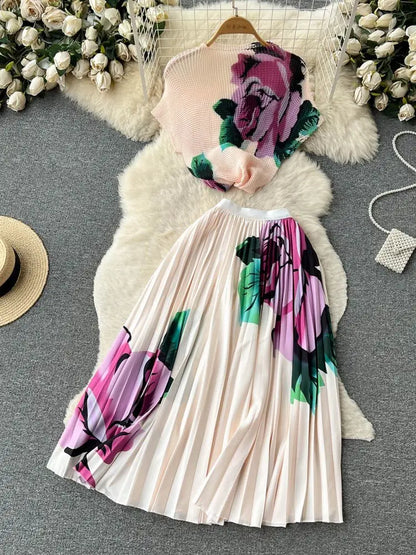 New Summer Runway Pleats Floral Print Two Piece Set Women Half High Collar Stretch Top+Elastic Waist Long Pleated Skirt Outfits