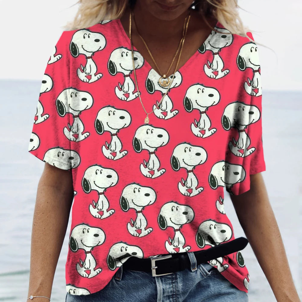 Women's T-shirts Disney Snoopy 3D print New V-neck Short Sleeve Summer Casual Women's Clothing Harajuku Y2K Hip Hop Clothe