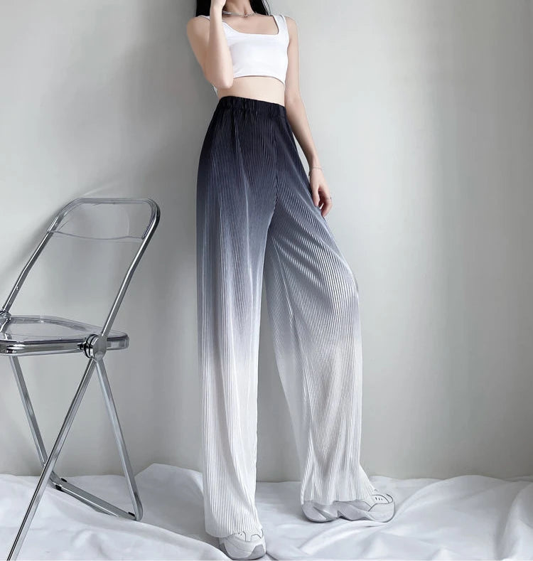 2022 Summer New Gradient Color Ice Silk Wide Leg Pants High Waist Thin Loose Straight Casual Trousers Comfortable Women Clothing