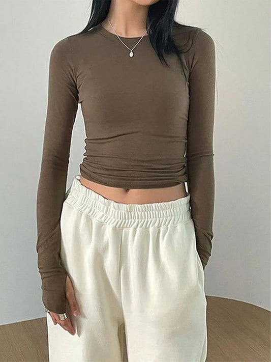 Womens Long Sleeve Crop Tops Basic Slim Fitted Shirts Casual Fashion Solid Color 2024 Y2k Tops Teen Girl Clothes with Thumb Hole