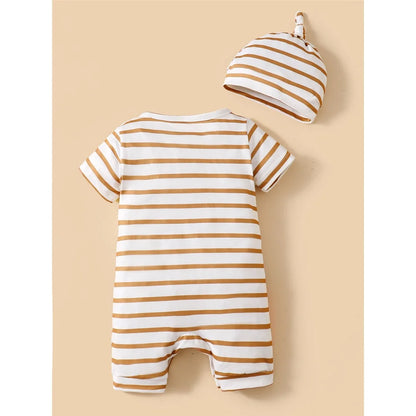 Baby Boy Cute Animals Romper Striped Short Sleeve Jumpsuit+Hat 2PCS Summer Korean Style Clothes Suit for Toddler Boy 3-24Months