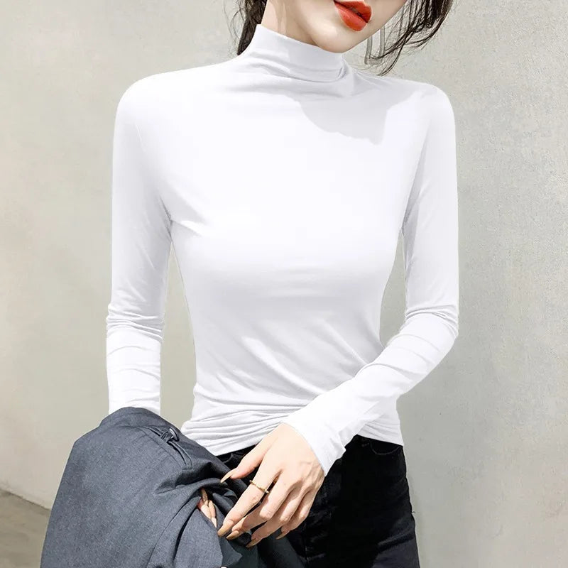 Black Turtleneck T-shirt Long Sleeve Tops Women Y2k Clothes Autumn Winter Korean Fashion Modal Elegant T-shirts for Women 2024