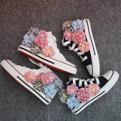 Beading Kids Shoes Autumn Children's Shoes Korean Flower Girls Canvas Shoes Casual Lace High Top Sneakers Sider Zipper