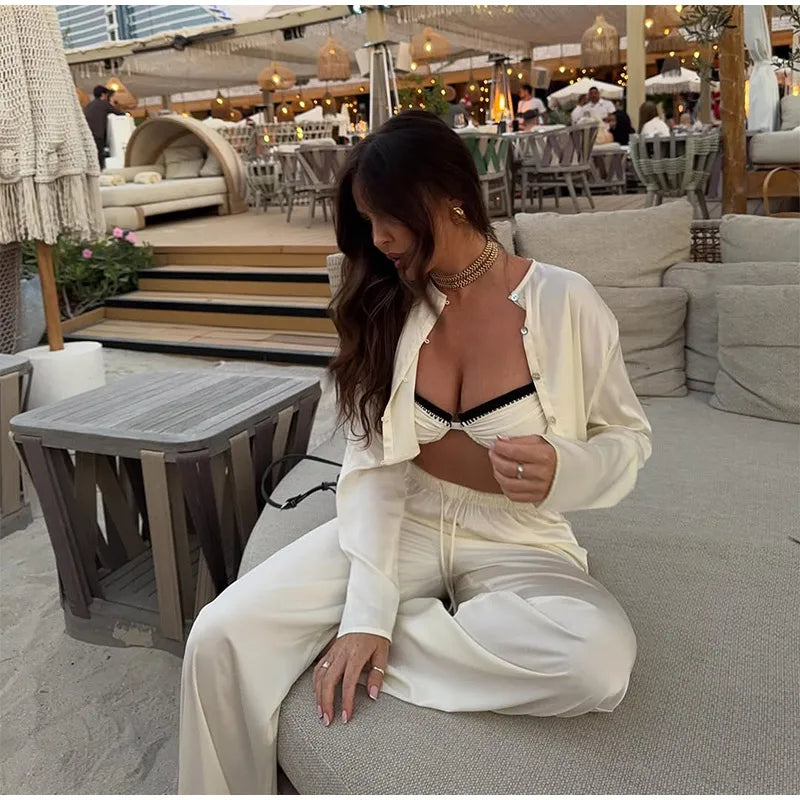 Women White O Neck Single Breasted Short Tops Set Casual Wide Leg Drawstring Pants Suit 2025 Spring New Lady High Street Outfits