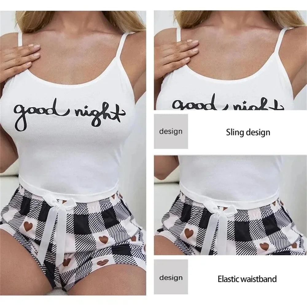 Summer Women's Sexy Camisole Pajama Set Women's Printed Letter Top Paired with Checkered Printed Shorts Home Pajama Set