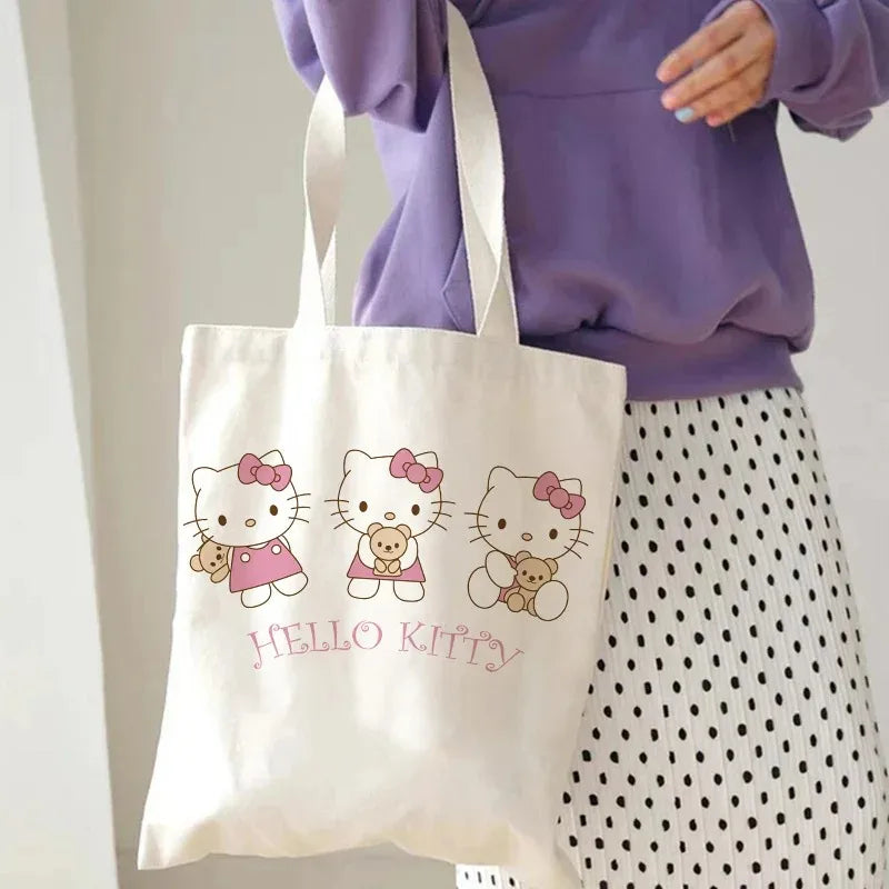 Hello Kitty Canvas Tote Bag Harajuku Y2k 90s Cartoon Girl Handbag Large Capacity Female Shoulder Bags Portable Travel Purse Gift