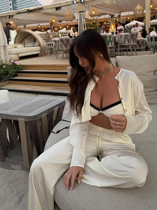 Women White O Neck Single Breasted Short Tops Set Casual Wide Leg Drawstring Pants Suit 2025 Spring New Lady High Street Outfits