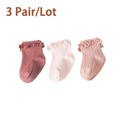 3/5Pair/Lot New Baby Children's Non-slip Autumn Winter Cotton Socks Solid Color Baby Foot Socks Girls Breathable Ruffled Socks