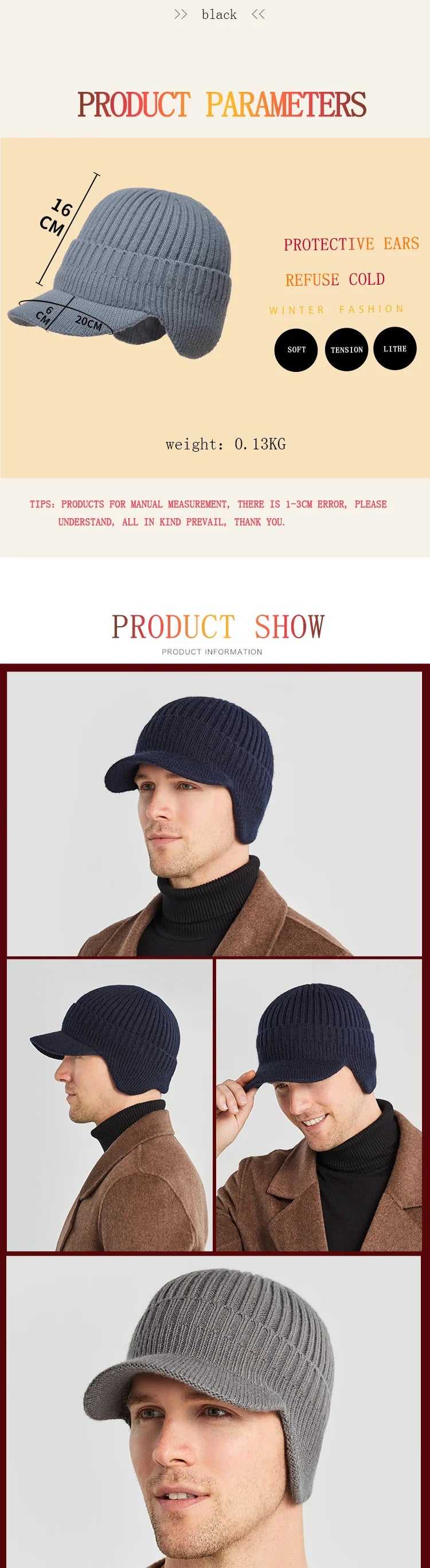 Men Winter Knitted Hat Outdoor Cycling Ear Protection Warmth Peaked Cap Casual Fashion Sunhat Bomber Hats 56-61CM