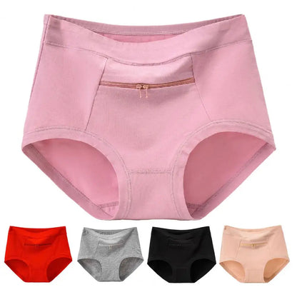 Women Underwear Solid Color Zipper Pocket High Waist Seamless Stretch Panties Cotton Middle-aged Mom Grandma Brief Underpants