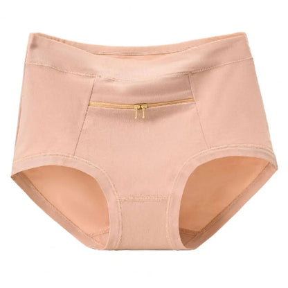 Women Underwear Solid Color Zipper Pocket High Waist Seamless Stretch Panties Cotton Middle-aged Mom Grandma Brief Underpants