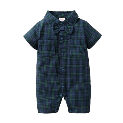 Newborn Baby Boy Jumpsuit Short Sleeves Plaid Gentleman Romper with Bow Tie Summer Fashion One Piece for Toddler 0-18Months