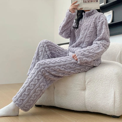 1 Set Winter Women Pajamas Warm Plush 2-Piece Sleepwear Set Stylish Solid Color Elastic High Waist Pullover Pajama Suit