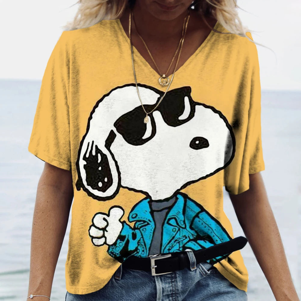 Women's T-shirts Disney Snoopy 3D print New V-neck Short Sleeve Summer Casual Women's Clothing Harajuku Y2K Hip Hop Clothe