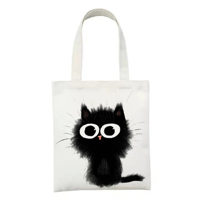 Cute Tote Bag Animals Black Cat Print Canvas Bag Eco Shopping Bag Daily Use Foldable Handbag Large Capacity Canvas Tote Women