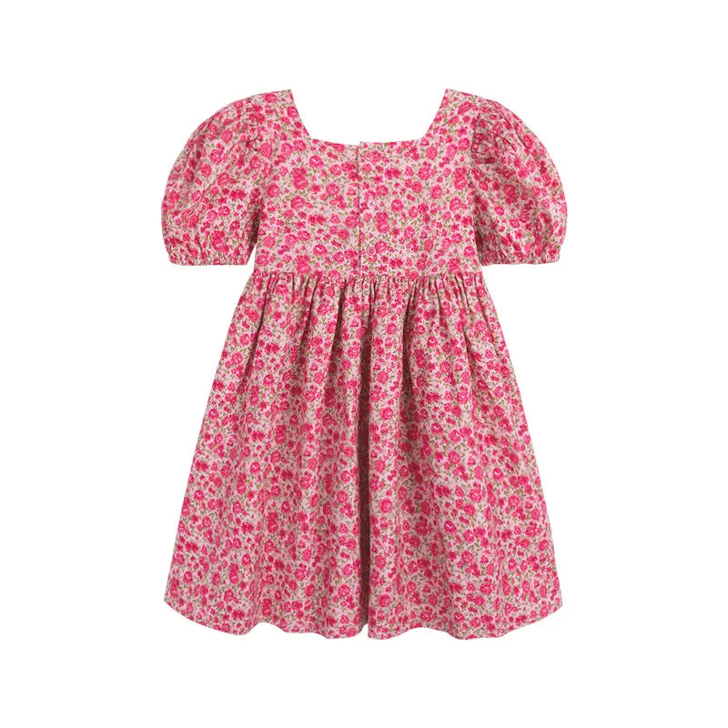 Girls' Dress Flower Solid Color Square Neck Puff Sleeve Dress Sweet Princess Dress 2023 Summer New Fashion Children's Clothing