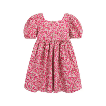 Girls' Dress Flower Solid Color Square Neck Puff Sleeve Dress Sweet Princess Dress 2023 Summer New Fashion Children's Clothing