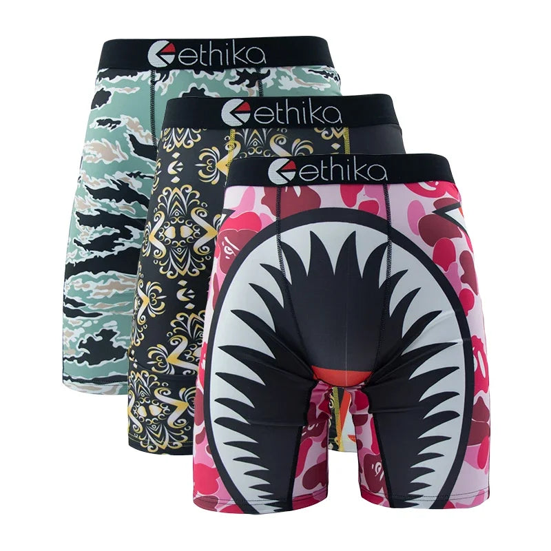 3Pcs ETHIKA Fashion Sexy Men Underwear Boxers Shark Print Man Underpants Sports Panties Lingeries Boxer Briefs Trunks Plus Size