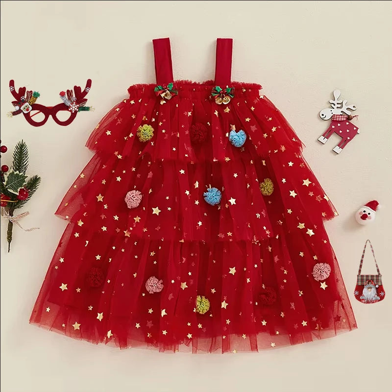 Christmas Costume Kids Girls Green Dress Sleeveless Stars Sequin Layered Tulle Dress Plush Ball Hat Baby Cake Xmas Tree Clothes