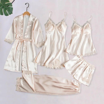 Silk Pajama Set Elegant Satin Lace Patchwork Women's Pajamas Set with Lace-up Waist 5 Piece Nightgown Top Shorts for Comfortable