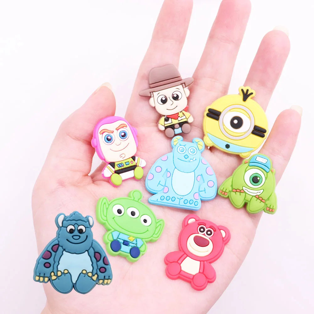 1-8PCS Miniso Disney Cartoon Toy Story Minions Monsters, Inc PVC Shoe Charms Garden Shoes Ornaments Slipper Accessories Kid Gift