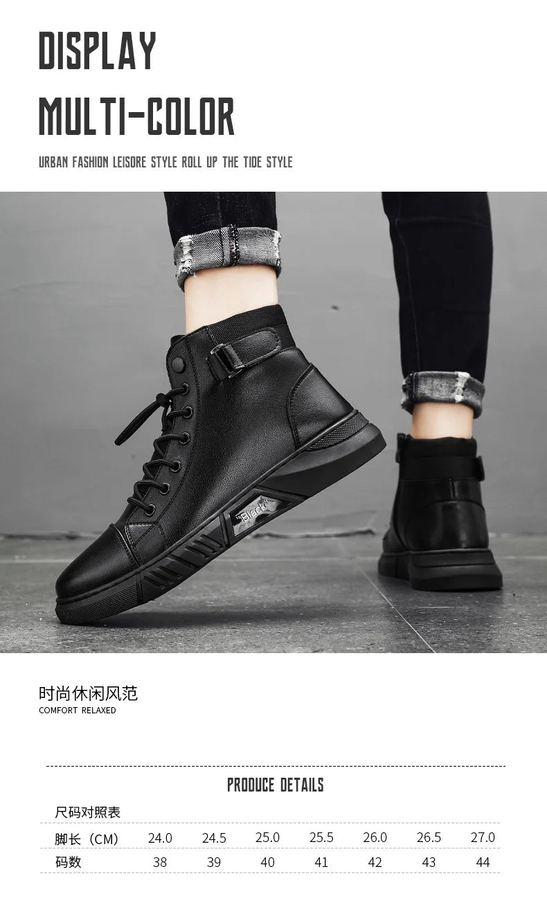 Men's Boots British Casual Platform Leather Boots for Men Black Motorcycle Boots Winter Comfortable Keep Warm Men Ankle Shoes