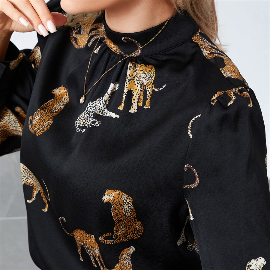 wsevypp Women's Spring Autumn Blouses Retro Leopard Print Long Sleeve Mock Neck Pullover Tops OL Business Basic Shirts