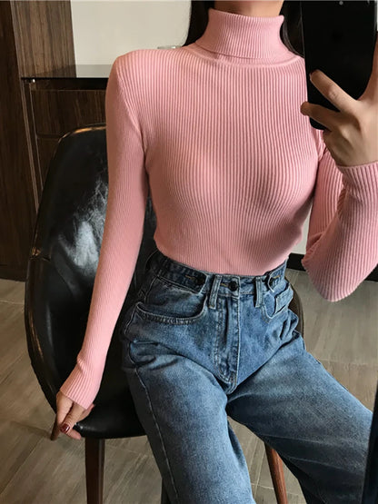 2025 Autumn Winter Thick Sweater Women Knitted Ribbed Pullover Sweater Long Sleeve Turtleneck Slim Jumper Soft Warm Pull Femme