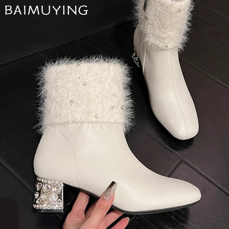 Women Ankle Boots Crystal Fur Leather High Heels Shoes Woman 2025 Trend Pointed Toe Chunky Fashion Elegant Winter Botas De Mujer