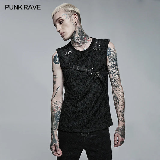 PUNK RAVE Men's Punk Style Daily Stylish Mesh V-neck Short Sleeve T-shirt Men Tank Casual Tops Spring and Summer Tees