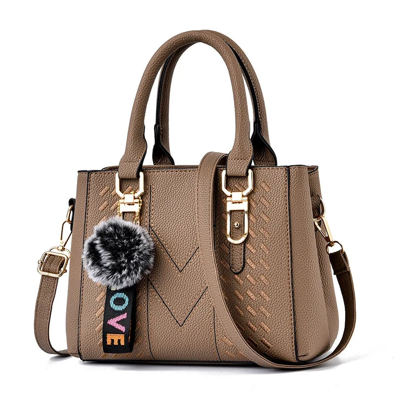 New women's handbag Fashion embroidery thread with hairball pendant large capacity shoulder bag travel Tote bag 01